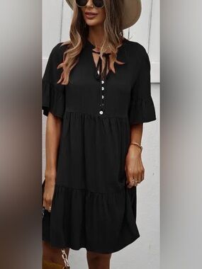 Elings Black Babydoll Mini Dress Size Small Boho Cottagecore Tiered Ruffle